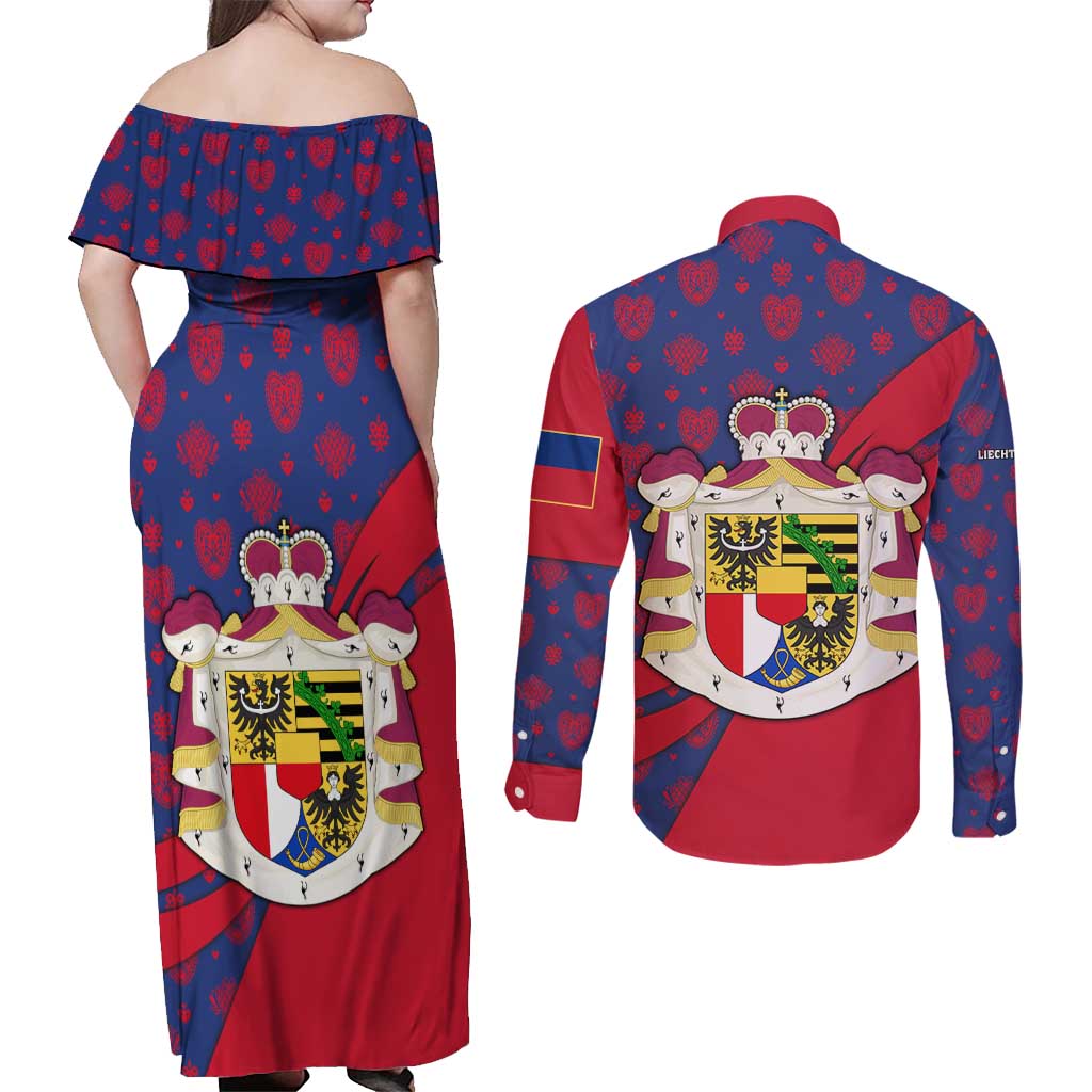 Liechtenstein Couples Matching Off Shoulder Maxi Dress and Long Sleeve Button Shirt with Red Blue Heart Design and Royal Coat of Arms Pattern - Wonder Print Shop