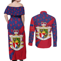 Liechtenstein Couples Matching Off Shoulder Maxi Dress and Long Sleeve Button Shirt with Red Blue Heart Design and Royal Coat of Arms Pattern - Wonder Print Shop