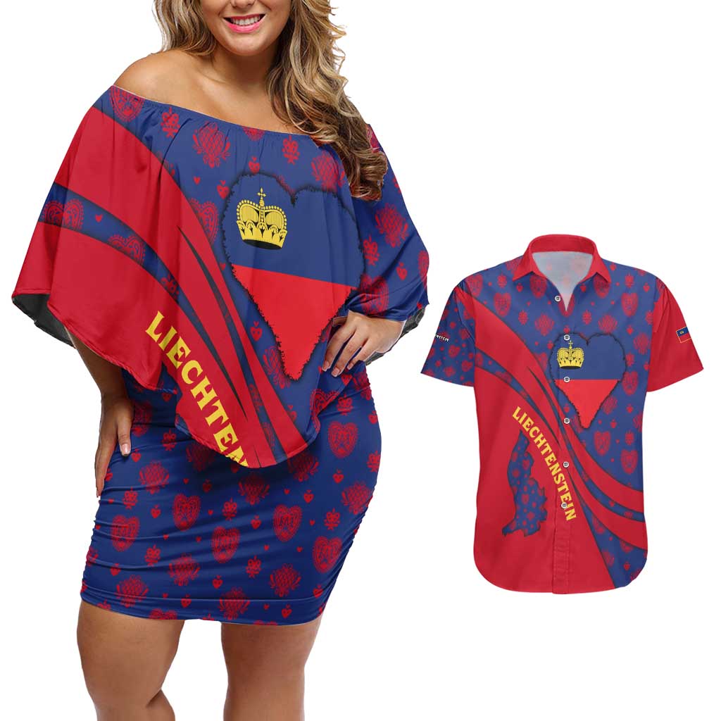 Liechtenstein Couples Matching Off Shoulder Short Dress and Hawaiian Shirt with Red Blue Heart Design and Royal Coat of Arms Pattern - Wonder Print Shop