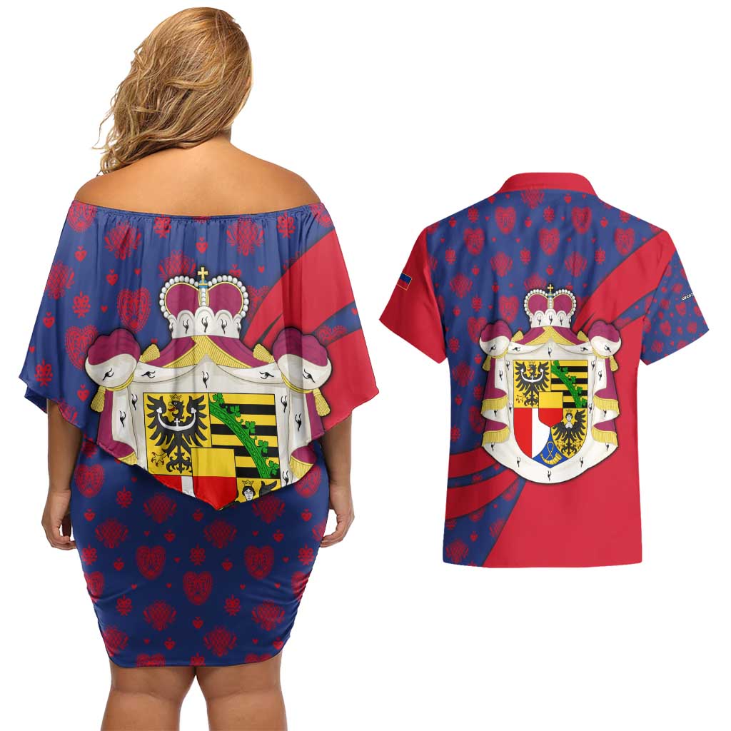 Liechtenstein Couples Matching Off Shoulder Short Dress and Hawaiian Shirt with Red Blue Heart Design and Royal Coat of Arms Pattern - Wonder Print Shop