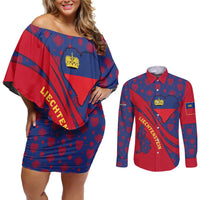 Liechtenstein Couples Matching Off Shoulder Short Dress and Long Sleeve Button Shirt with Red Blue Heart Design and Royal Coat of Arms Pattern - Wonder Print Shop