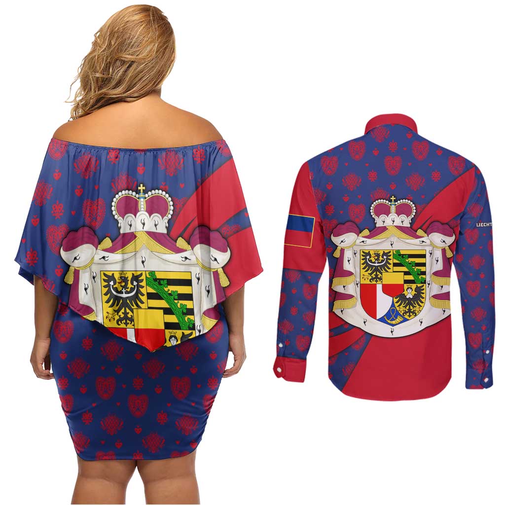 Liechtenstein Couples Matching Off Shoulder Short Dress and Long Sleeve Button Shirt with Red Blue Heart Design and Royal Coat of Arms Pattern - Wonder Print Shop