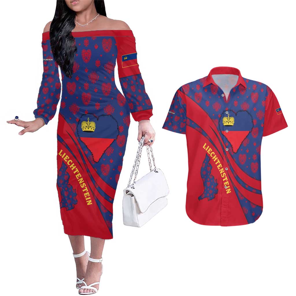 Liechtenstein Couples Matching Off The Shoulder Long Sleeve Dress and Hawaiian Shirt with Red Blue Heart Design and Royal Coat of Arms Pattern - Wonder Print Shop