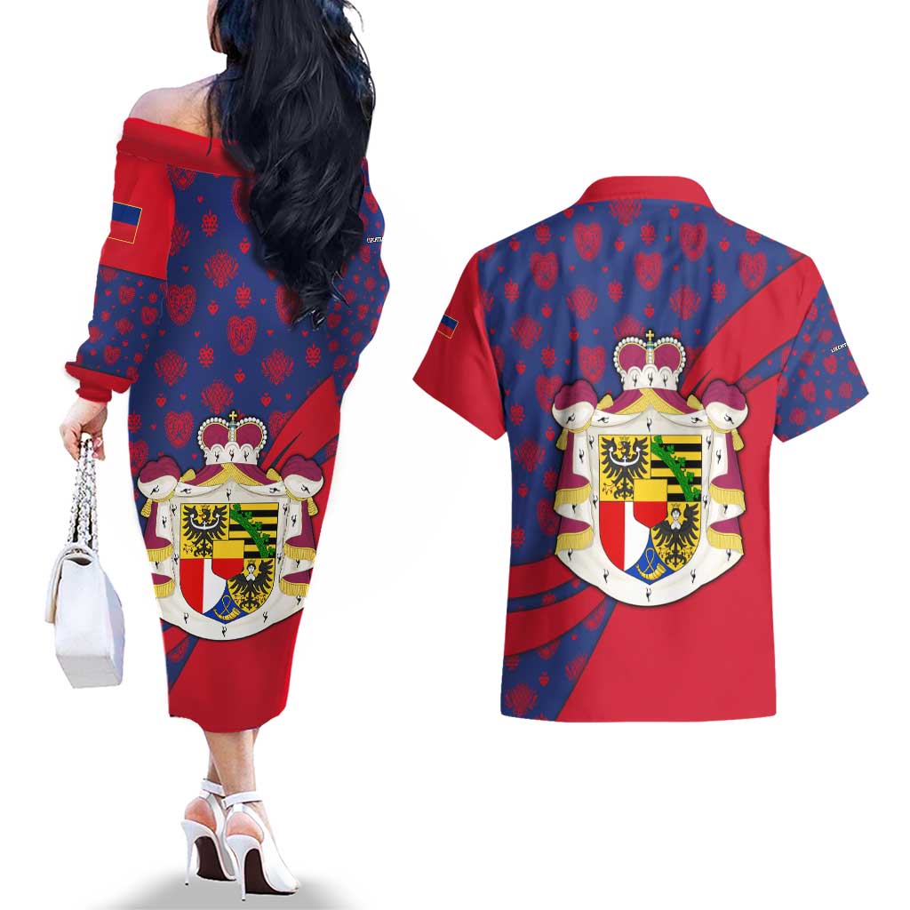 Liechtenstein Couples Matching Off The Shoulder Long Sleeve Dress and Hawaiian Shirt with Red Blue Heart Design and Royal Coat of Arms Pattern - Wonder Print Shop