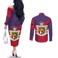 Liechtenstein Couples Matching Off The Shoulder Long Sleeve Dress and Long Sleeve Button Shirt with Red Blue Heart Design and Royal Coat of Arms Pattern - Wonder Print Shop