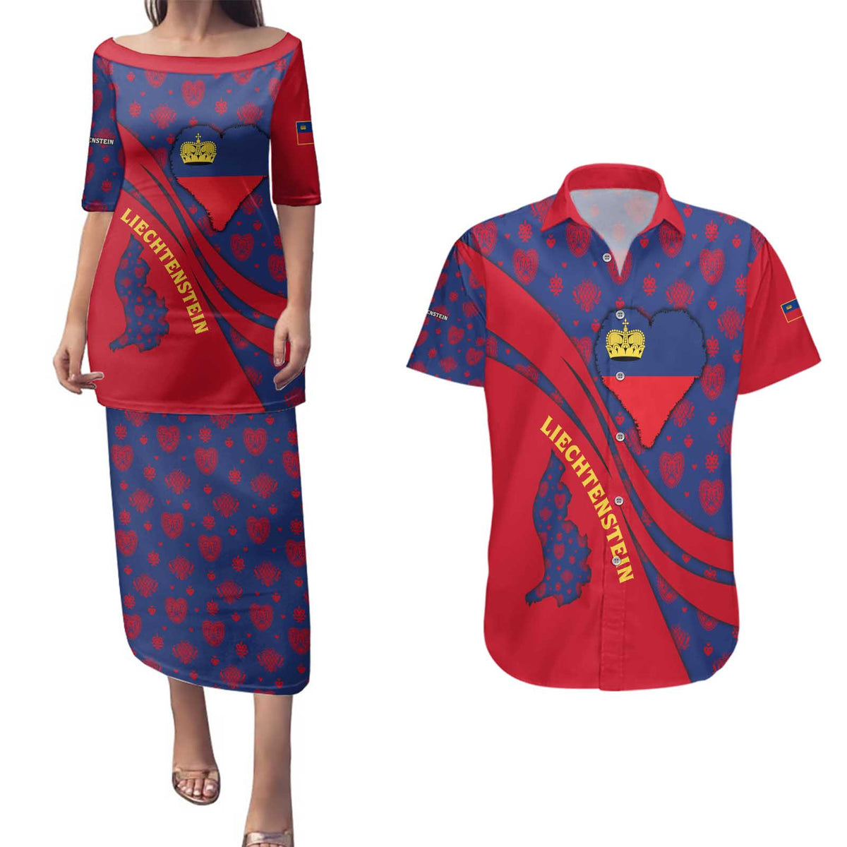 Liechtenstein Couples Matching Puletasi and Hawaiian Shirt with Red Blue Heart Design and Royal Coat of Arms Pattern - Wonder Print Shop