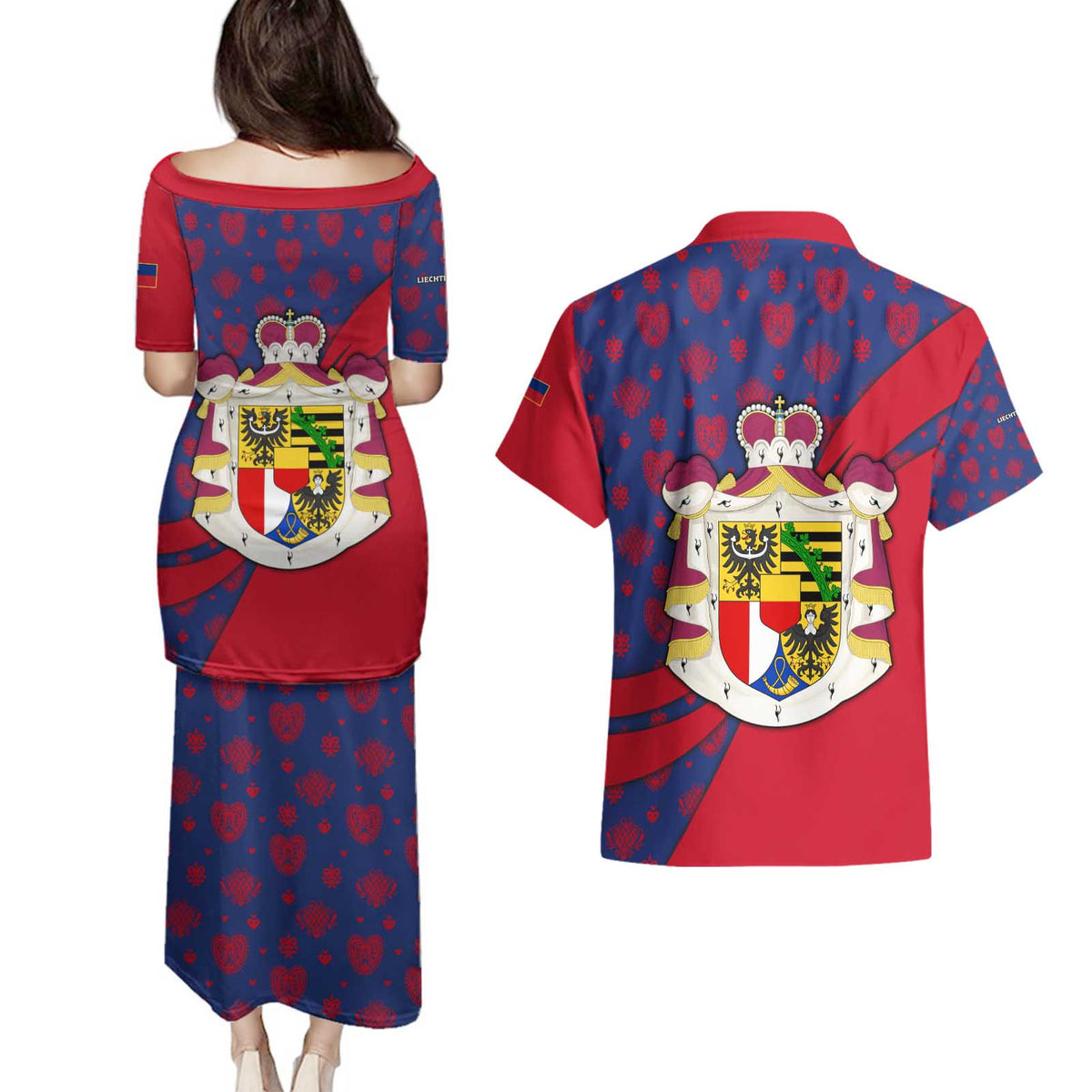 Liechtenstein Couples Matching Puletasi and Hawaiian Shirt with Red Blue Heart Design and Royal Coat of Arms Pattern - Wonder Print Shop