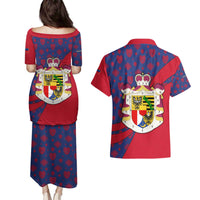 Liechtenstein Couples Matching Puletasi and Hawaiian Shirt with Red Blue Heart Design and Royal Coat of Arms Pattern - Wonder Print Shop