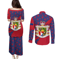Liechtenstein Couples Matching Puletasi and Long Sleeve Button Shirt with Red Blue Heart Design and Royal Coat of Arms Pattern - Wonder Print Shop