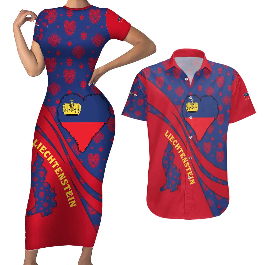 Liechtenstein Couples Matching Short Sleeve Bodycon Dress and Hawaiian Shirt with Red Blue Heart Design and Royal Coat of Arms Pattern - Wonder Print Shop