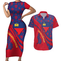 Liechtenstein Couples Matching Short Sleeve Bodycon Dress and Hawaiian Shirt with Red Blue Heart Design and Royal Coat of Arms Pattern - Wonder Print Shop