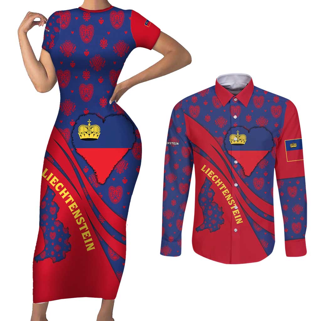 Liechtenstein Couples Matching Short Sleeve Bodycon Dress and Long Sleeve Button Shirt with Red Blue Heart Design and Royal Coat of Arms Pattern - Wonder Print Shop