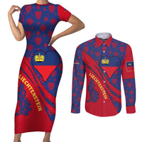 Liechtenstein Couples Matching Short Sleeve Bodycon Dress and Long Sleeve Button Shirt with Red Blue Heart Design and Royal Coat of Arms Pattern - Wonder Print Shop
