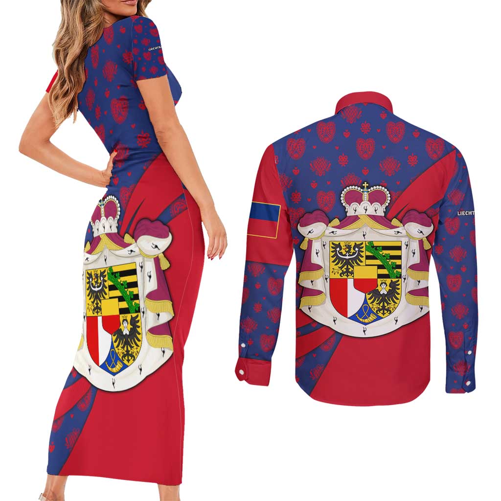 Liechtenstein Couples Matching Short Sleeve Bodycon Dress and Long Sleeve Button Shirt with Red Blue Heart Design and Royal Coat of Arms Pattern - Wonder Print Shop