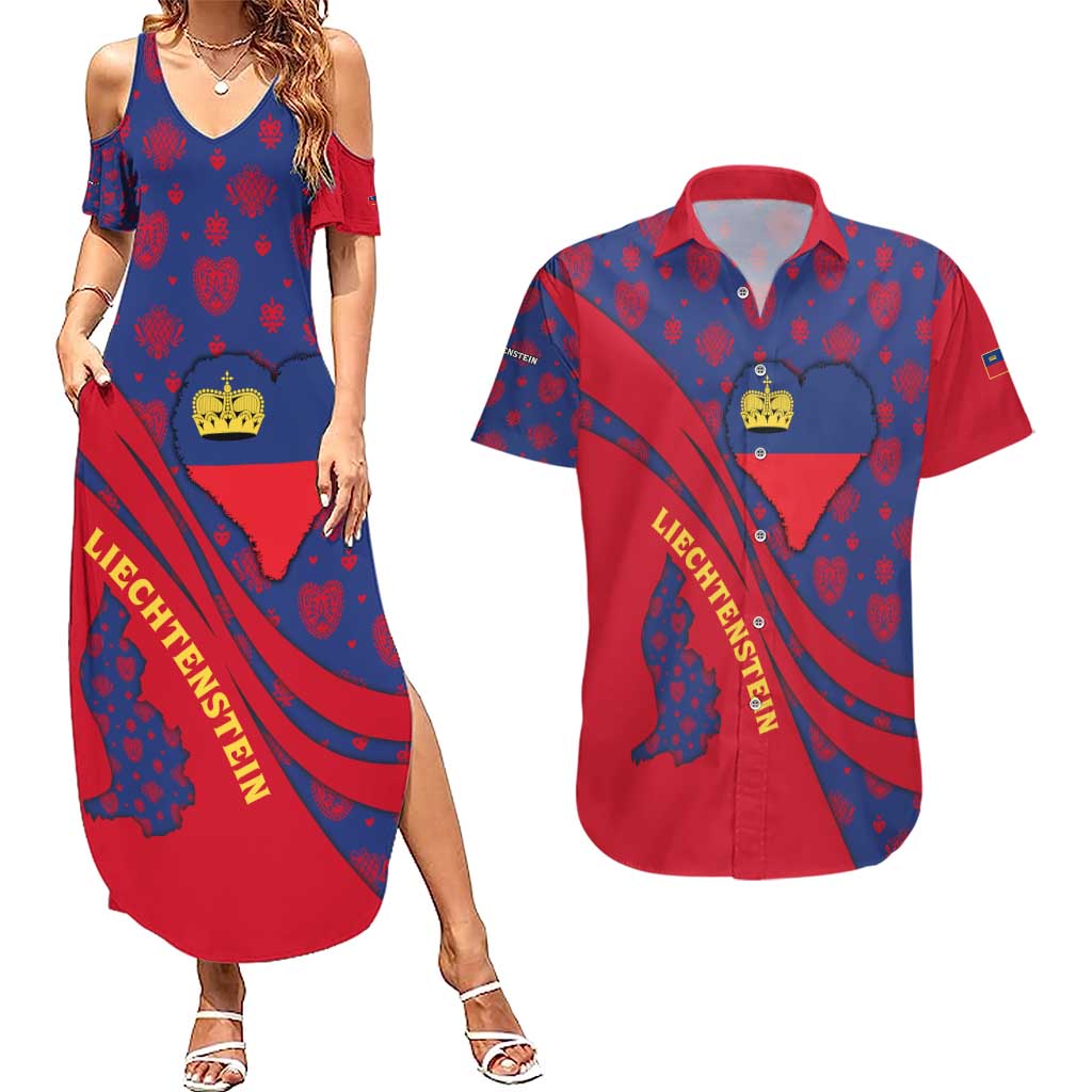 Liechtenstein Couples Matching Summer Maxi Dress and Hawaiian Shirt with Red Blue Heart Design and Royal Coat of Arms Pattern - Wonder Print Shop