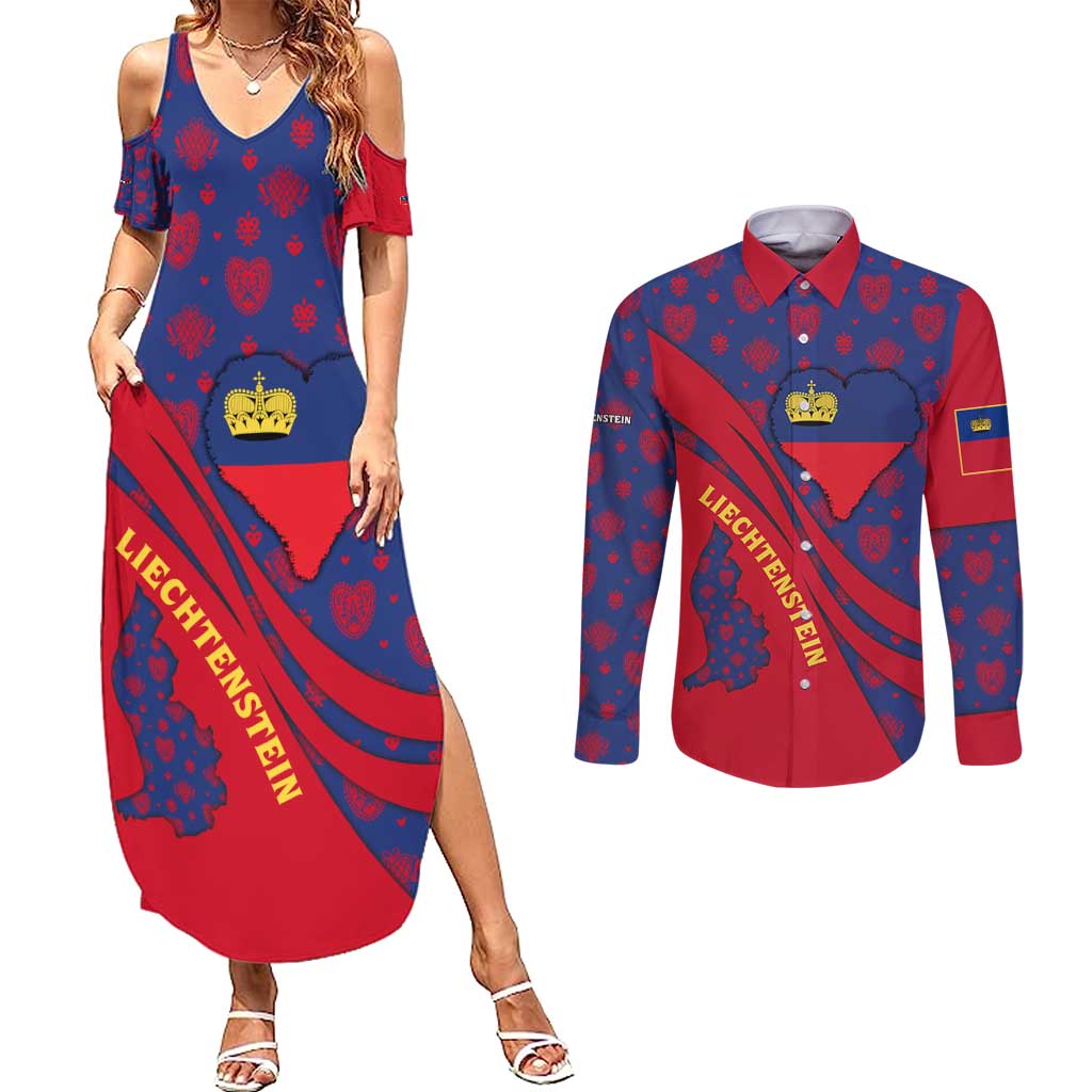 Liechtenstein Couples Matching Summer Maxi Dress and Long Sleeve Button Shirt with Red Blue Heart Design and Royal Coat of Arms Pattern - Wonder Print Shop