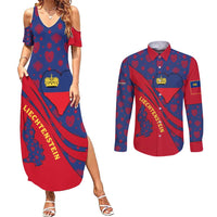 Liechtenstein Couples Matching Summer Maxi Dress and Long Sleeve Button Shirt with Red Blue Heart Design and Royal Coat of Arms Pattern - Wonder Print Shop