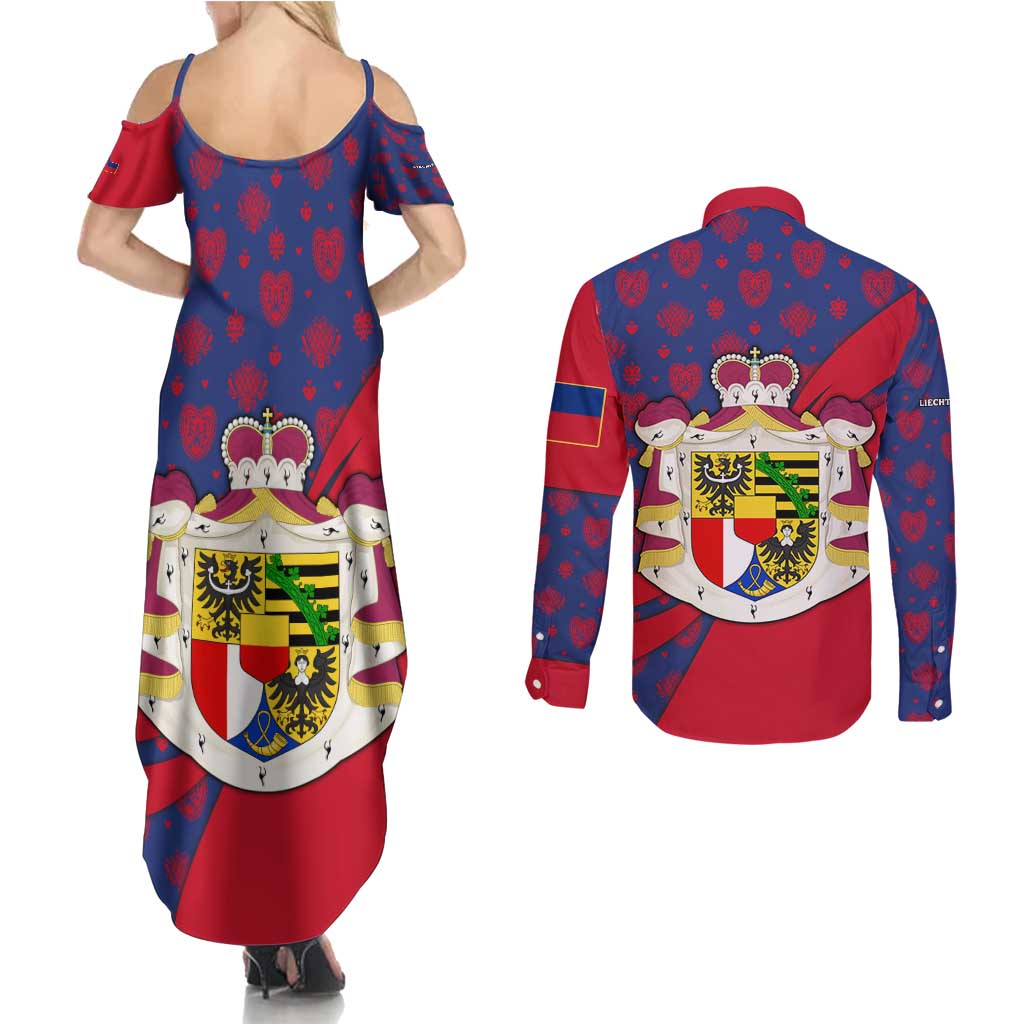 Liechtenstein Couples Matching Summer Maxi Dress and Long Sleeve Button Shirt with Red Blue Heart Design and Royal Coat of Arms Pattern - Wonder Print Shop