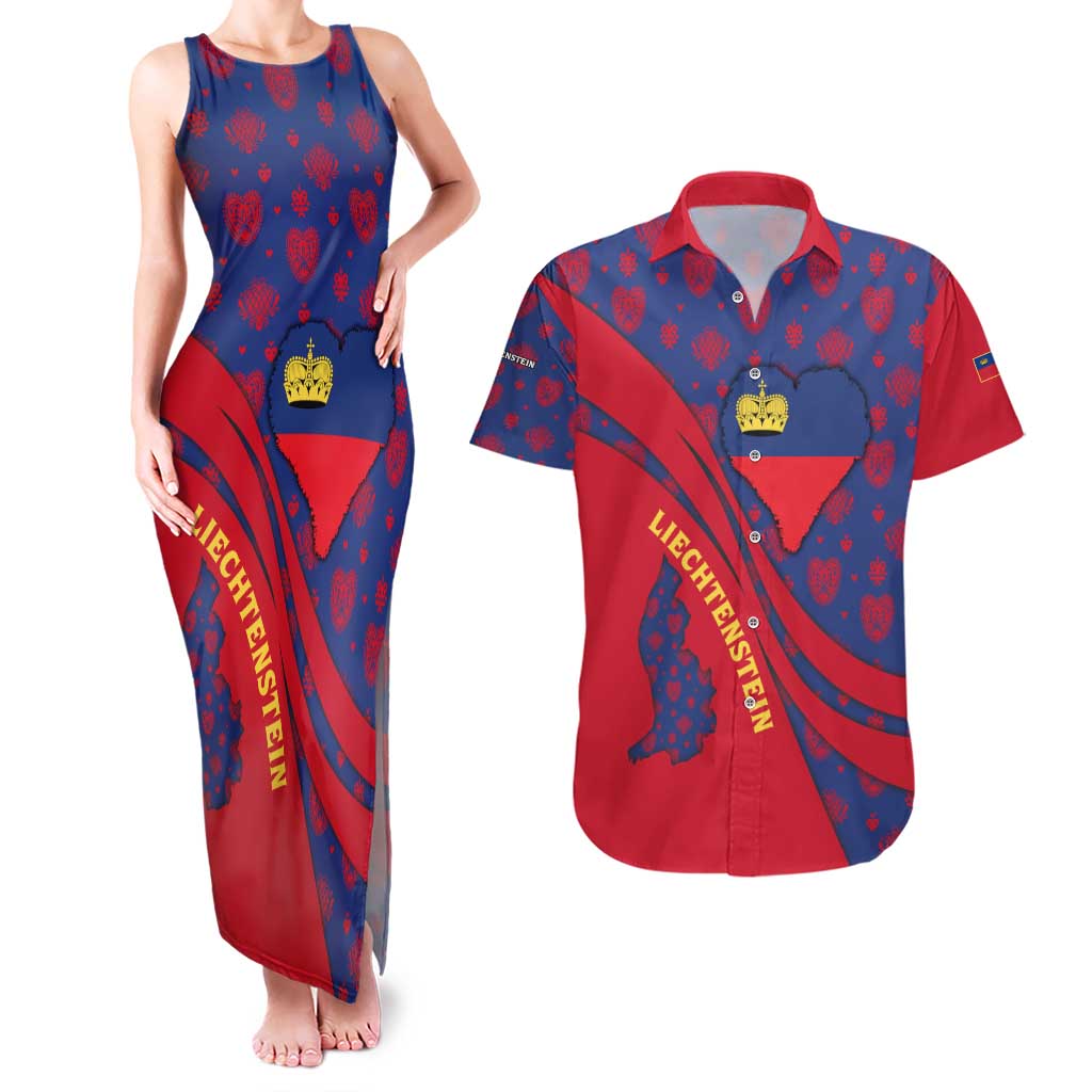 Liechtenstein Couples Matching Tank Maxi Dress and Hawaiian Shirt with Red Blue Heart Design and Royal Coat of Arms Pattern - Wonder Print Shop