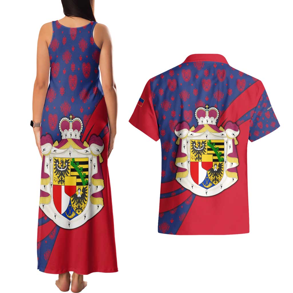 Liechtenstein Couples Matching Tank Maxi Dress and Hawaiian Shirt with Red Blue Heart Design and Royal Coat of Arms Pattern - Wonder Print Shop