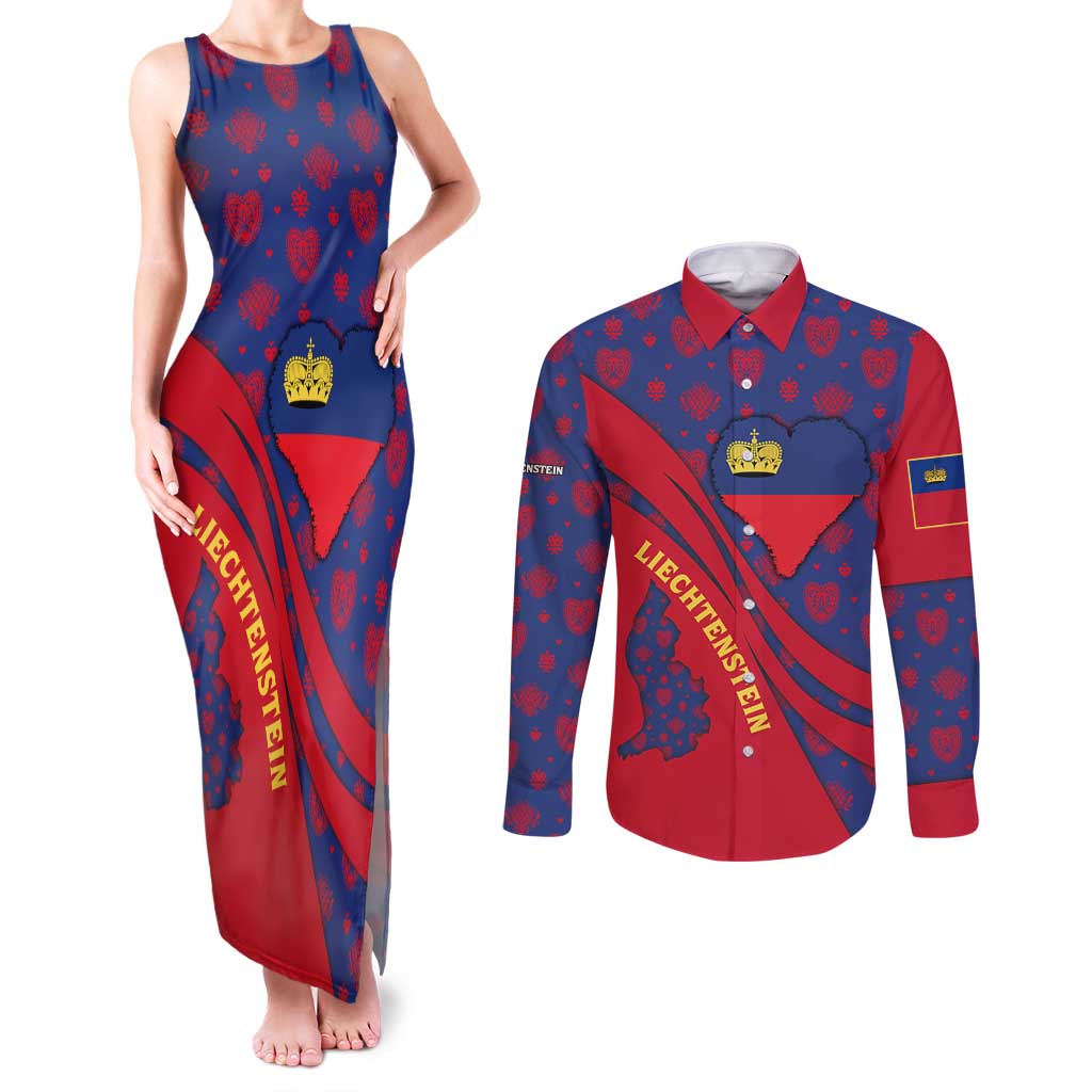 Liechtenstein Couples Matching Tank Maxi Dress and Long Sleeve Button Shirt with Red Blue Heart Design and Royal Coat of Arms Pattern - Wonder Print Shop