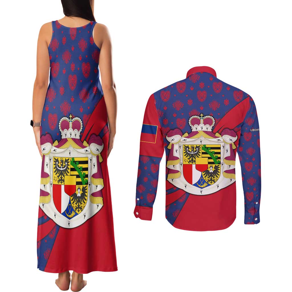 Liechtenstein Couples Matching Tank Maxi Dress and Long Sleeve Button Shirt with Red Blue Heart Design and Royal Coat of Arms Pattern - Wonder Print Shop