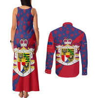Liechtenstein Couples Matching Tank Maxi Dress and Long Sleeve Button Shirt with Red Blue Heart Design and Royal Coat of Arms Pattern - Wonder Print Shop