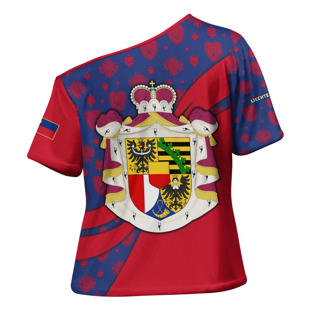 Liechtenstein Cross Shoulder Shirt with Red Blue Heart Design and Royal Coat of Arms Pattern - Wonder Print Shop