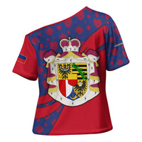 Liechtenstein Cross Shoulder Shirt with Red Blue Heart Design and Royal Coat of Arms Pattern - Wonder Print Shop