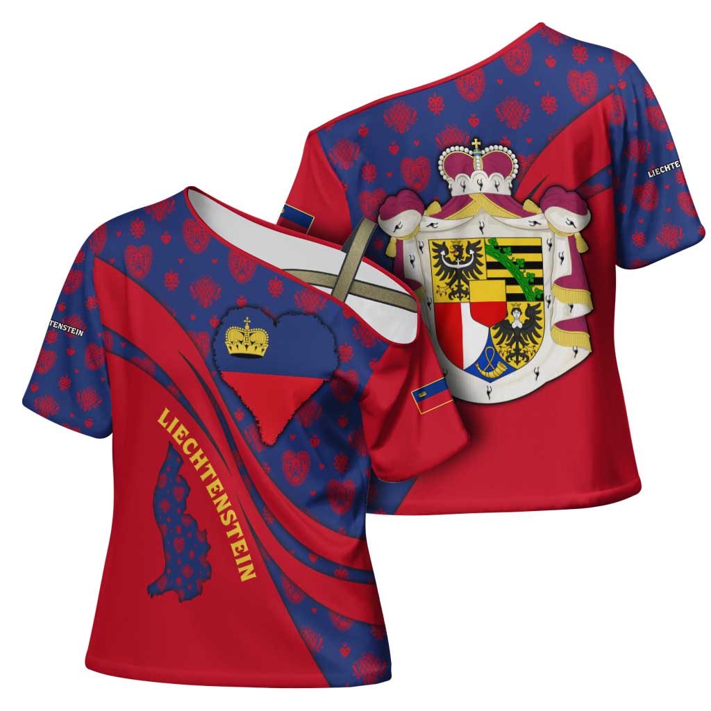 Liechtenstein Cross Shoulder Shirt with Red Blue Heart Design and Royal Coat of Arms Pattern - Wonder Print Shop
