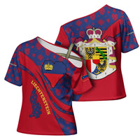 Liechtenstein Cross Shoulder Shirt with Red Blue Heart Design and Royal Coat of Arms Pattern - Wonder Print Shop
