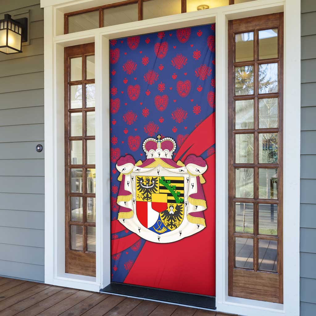 Liechtenstein Door Cover with Red Blue Heart Design and Royal Coat of Arms Pattern - Wonder Print Shop
