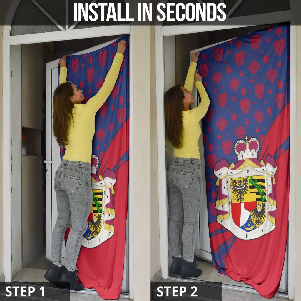Liechtenstein Door Cover with Red Blue Heart Design and Royal Coat of Arms Pattern - Wonder Print Shop