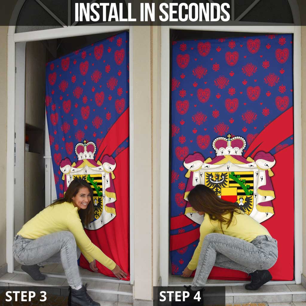 Liechtenstein Door Cover with Red Blue Heart Design and Royal Coat of Arms Pattern - Wonder Print Shop