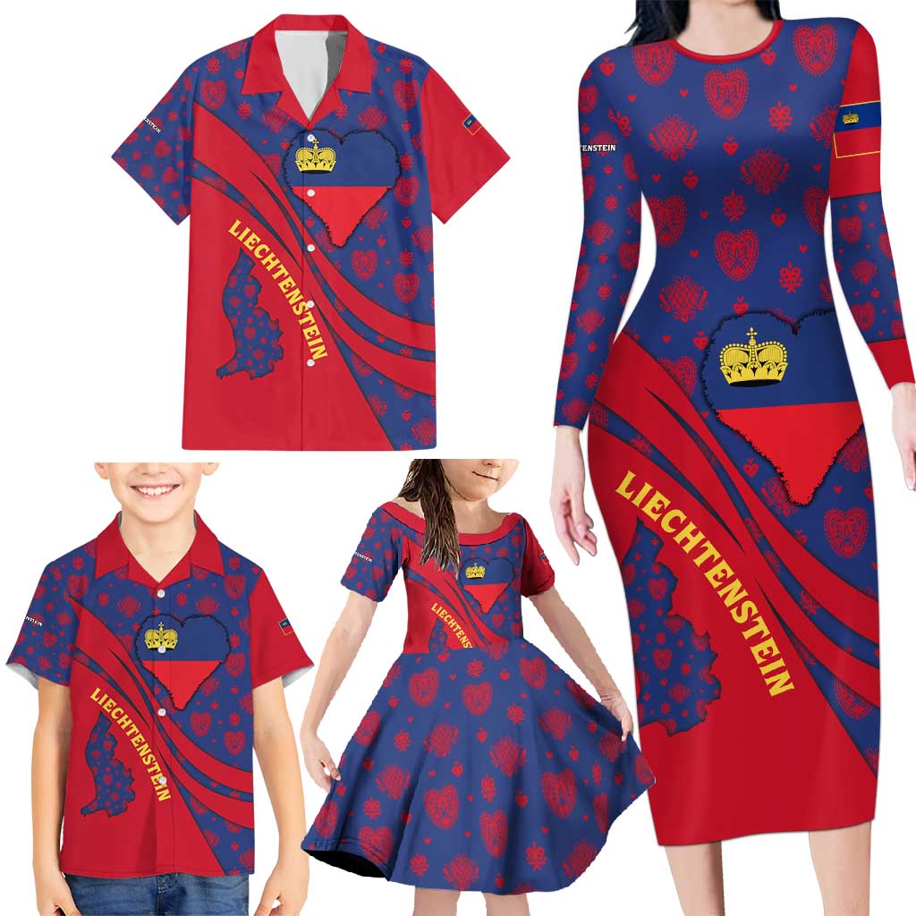 Liechtenstein Family Matching Long Sleeve Bodycon Dress and Hawaiian Shirt with Red Blue Heart Design and Royal Coat of Arms Pattern - Wonder Print Shop