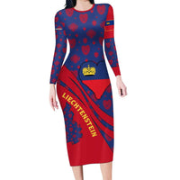 Liechtenstein Family Matching Long Sleeve Bodycon Dress and Hawaiian Shirt with Red Blue Heart Design and Royal Coat of Arms Pattern - Wonder Print Shop