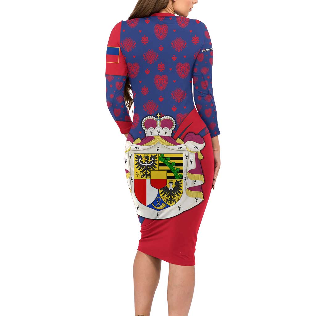 Liechtenstein Family Matching Long Sleeve Bodycon Dress and Hawaiian Shirt with Red Blue Heart Design and Royal Coat of Arms Pattern - Wonder Print Shop