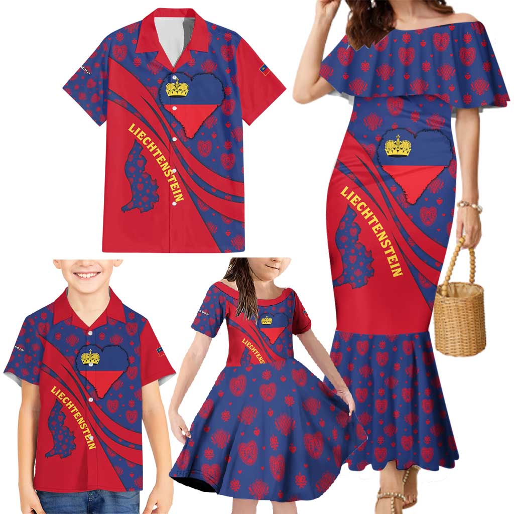 Liechtenstein Family Matching Mermaid Dress and Hawaiian Shirt with Red Blue Heart Design and Royal Coat of Arms Pattern - Wonder Print Shop