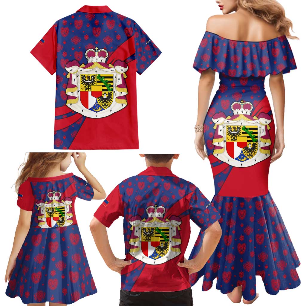 Liechtenstein Family Matching Mermaid Dress and Hawaiian Shirt with Red Blue Heart Design and Royal Coat of Arms Pattern - Wonder Print Shop