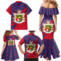 Liechtenstein Family Matching Mermaid Dress and Hawaiian Shirt with Red Blue Heart Design and Royal Coat of Arms Pattern - Wonder Print Shop