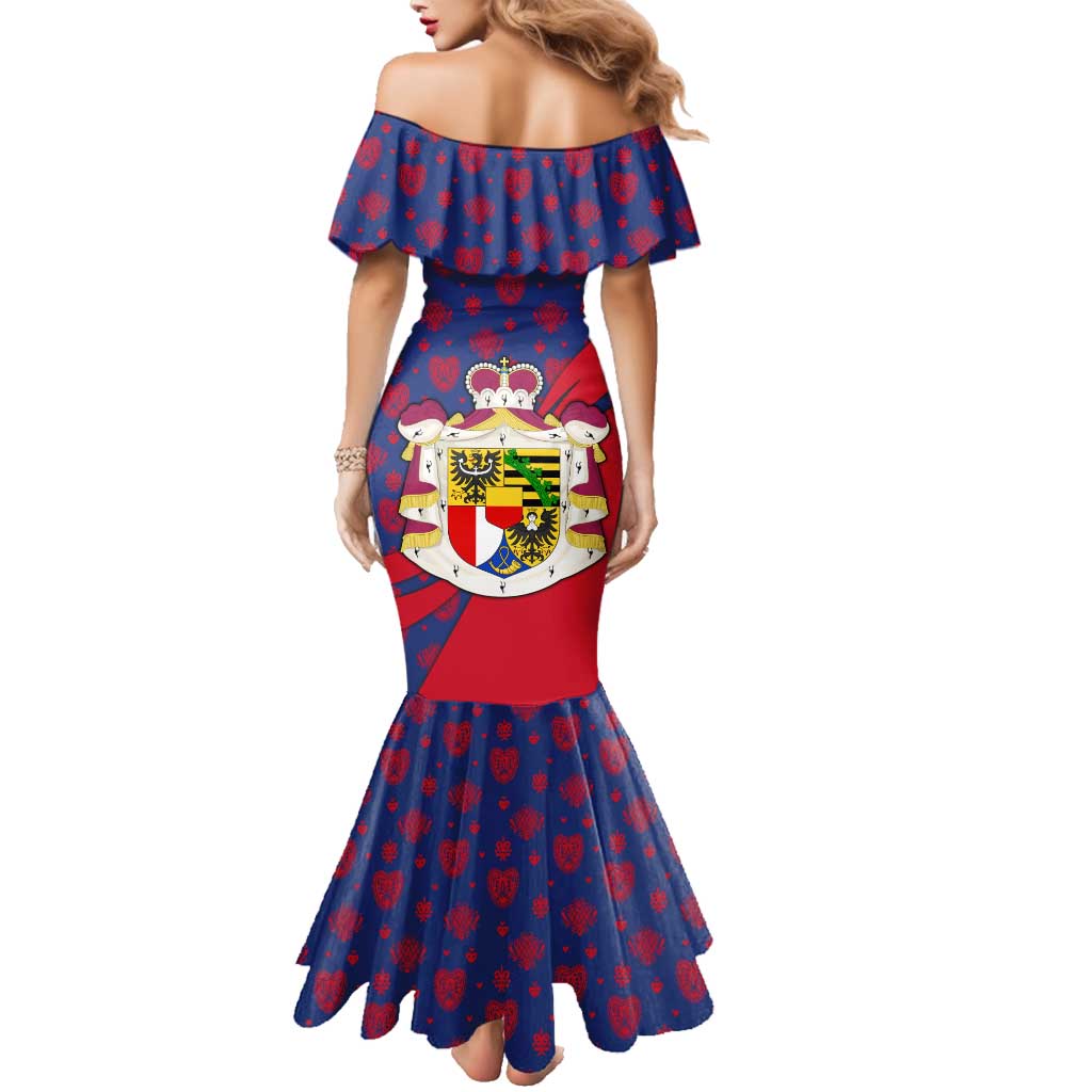 Liechtenstein Family Matching Mermaid Dress and Hawaiian Shirt with Red Blue Heart Design and Royal Coat of Arms Pattern - Wonder Print Shop