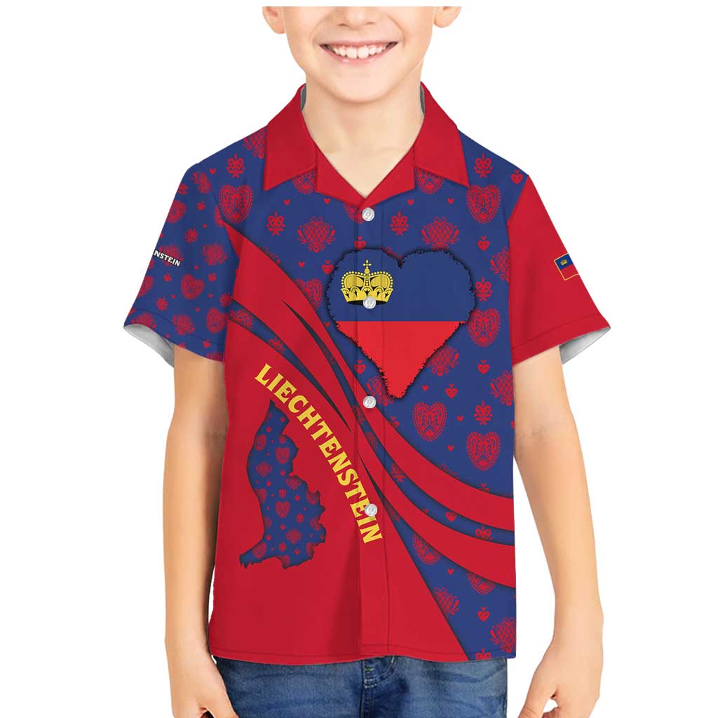 Liechtenstein Family Matching Mermaid Dress and Hawaiian Shirt with Red Blue Heart Design and Royal Coat of Arms Pattern - Wonder Print Shop