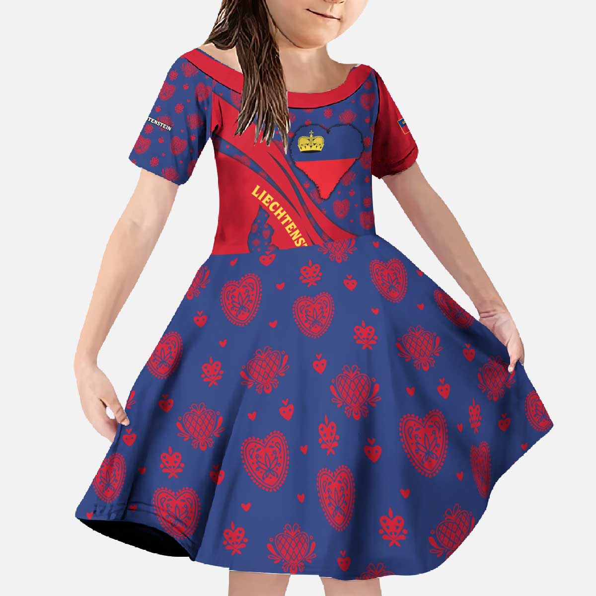 Liechtenstein Family Matching Off The Shoulder Long Sleeve Dress and Hawaiian Shirt with Red Blue Heart Design and Royal Coat of Arms Pattern - Wonder Print Shop