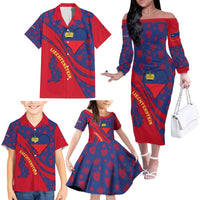 Liechtenstein Family Matching Off The Shoulder Long Sleeve Dress and Hawaiian Shirt with Red Blue Heart Design and Royal Coat of Arms Pattern - Wonder Print Shop