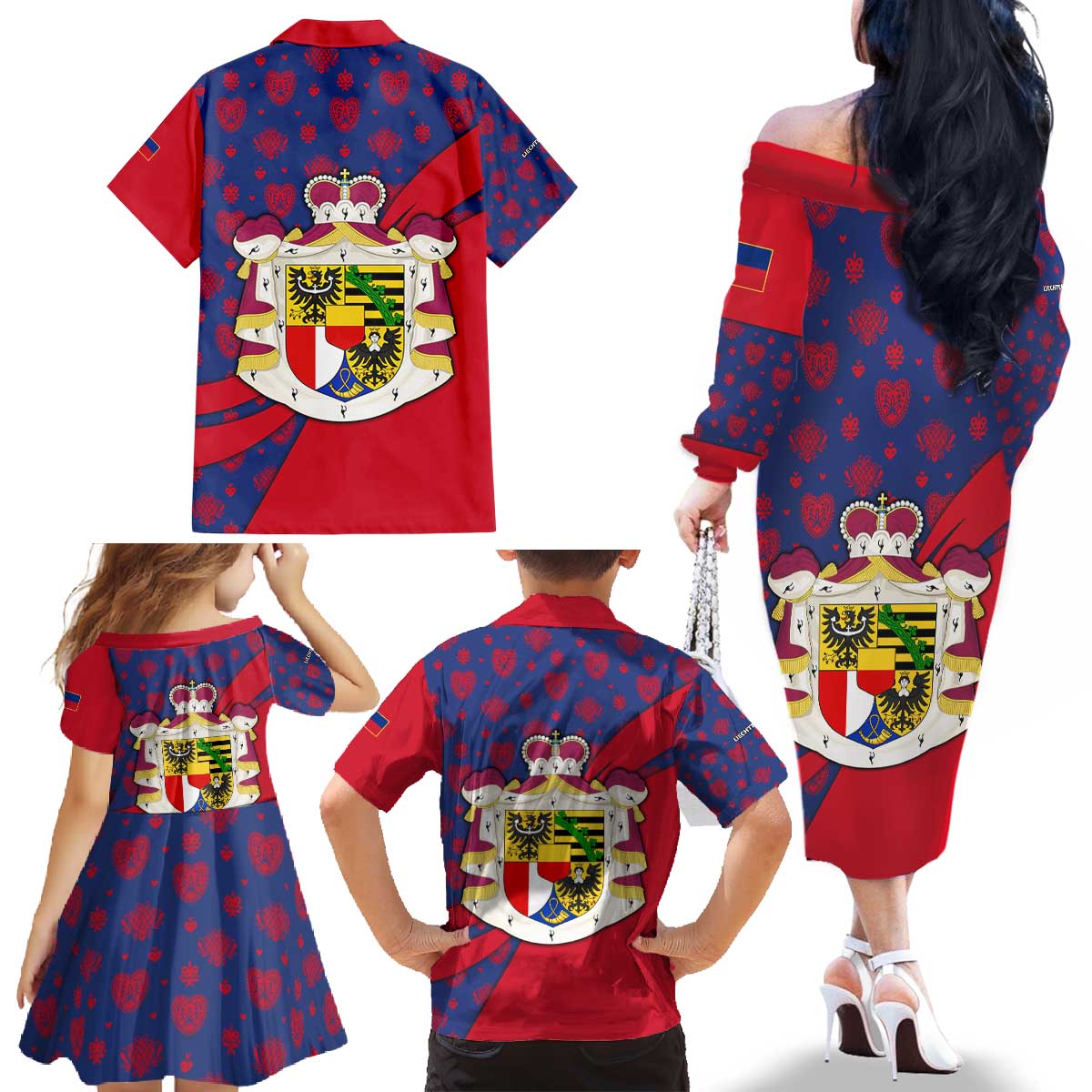 Liechtenstein Family Matching Off The Shoulder Long Sleeve Dress and Hawaiian Shirt with Red Blue Heart Design and Royal Coat of Arms Pattern - Wonder Print Shop