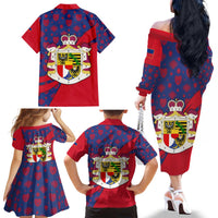 Liechtenstein Family Matching Off The Shoulder Long Sleeve Dress and Hawaiian Shirt with Red Blue Heart Design and Royal Coat of Arms Pattern - Wonder Print Shop