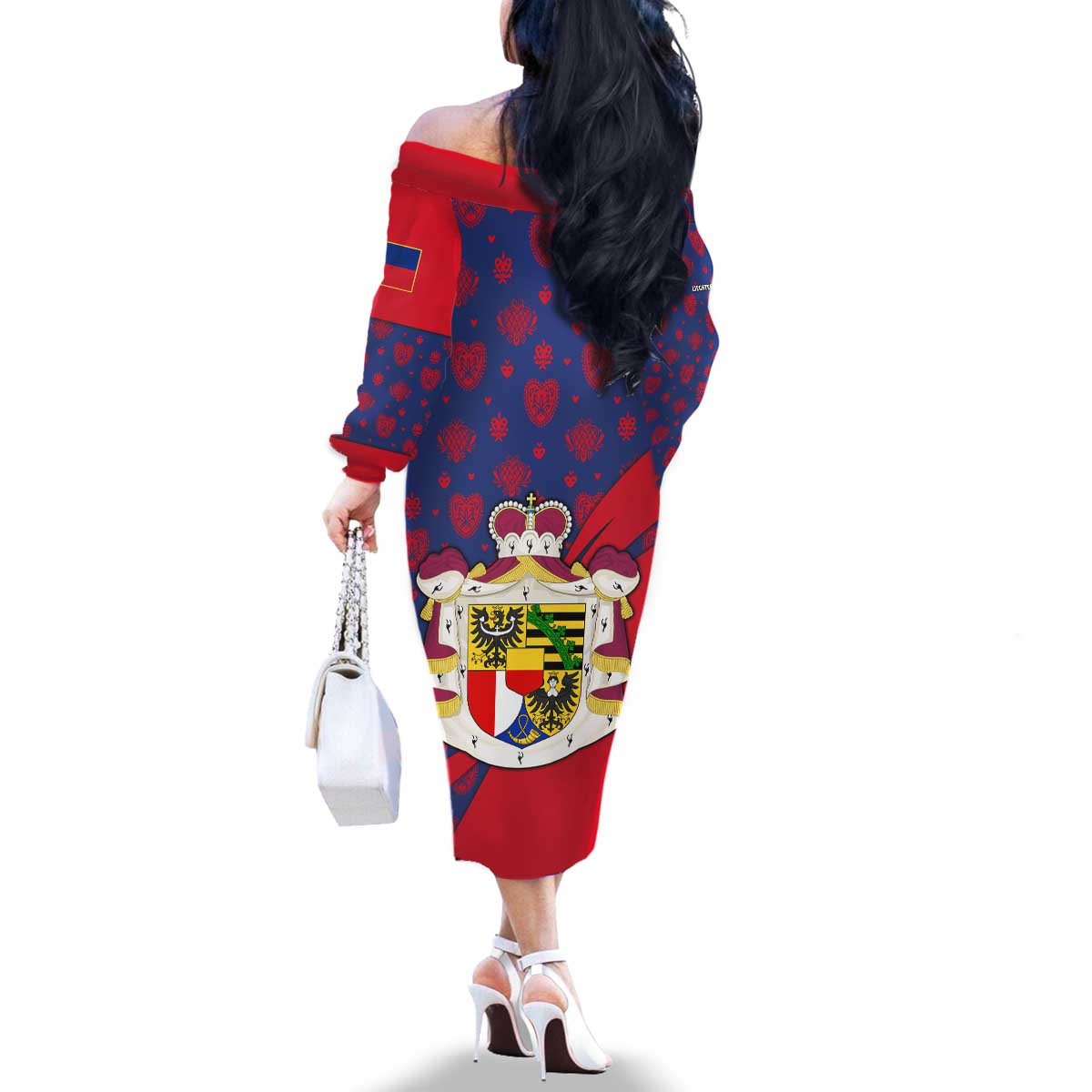 Liechtenstein Family Matching Off The Shoulder Long Sleeve Dress and Hawaiian Shirt with Red Blue Heart Design and Royal Coat of Arms Pattern - Wonder Print Shop