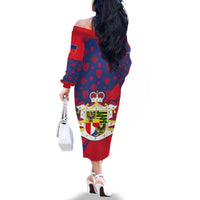 Liechtenstein Family Matching Off The Shoulder Long Sleeve Dress and Hawaiian Shirt with Red Blue Heart Design and Royal Coat of Arms Pattern - Wonder Print Shop