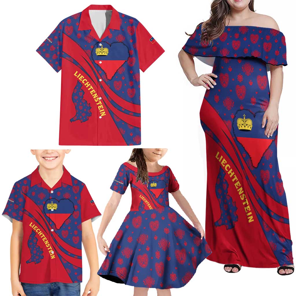 Liechtenstein Family Matching Off Shoulder Maxi Dress and Hawaiian Shirt with Red Blue Heart Design and Royal Coat of Arms Pattern - Wonder Print Shop