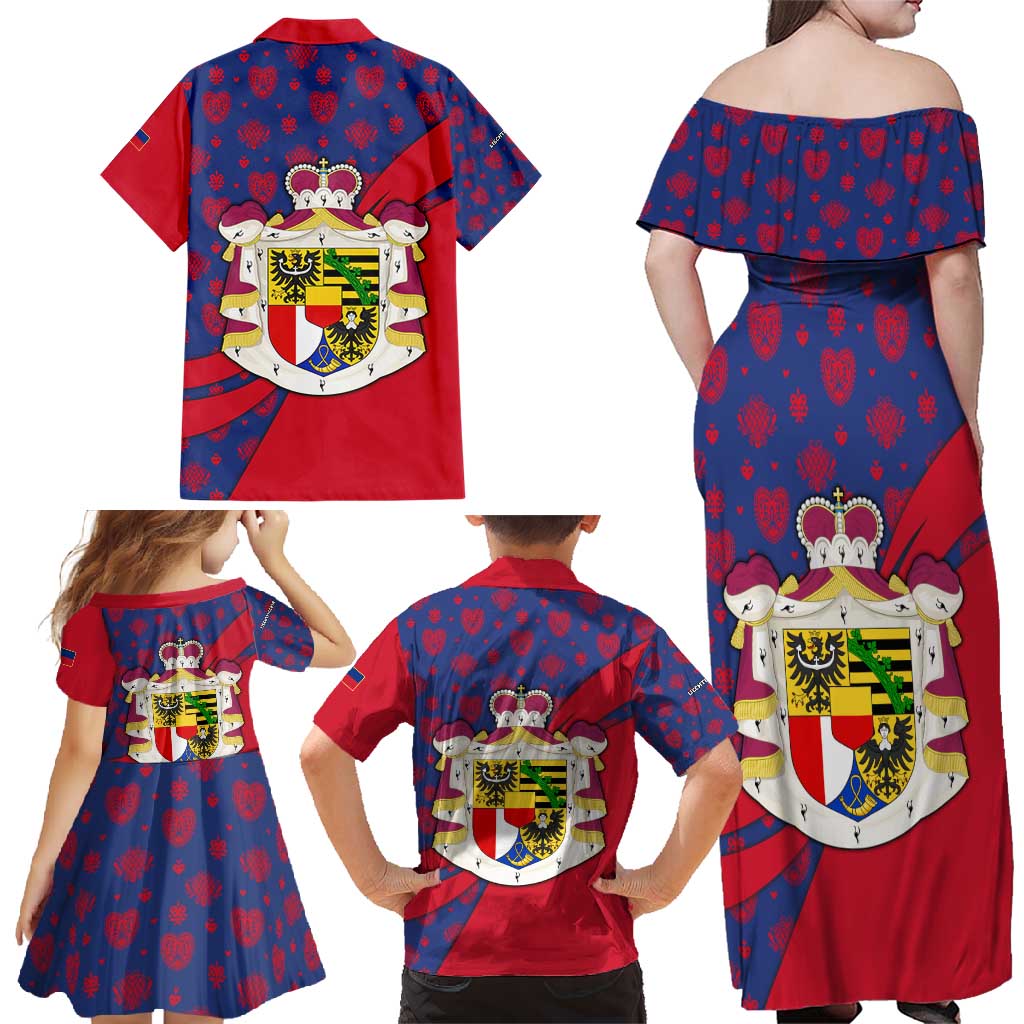 Liechtenstein Family Matching Off Shoulder Maxi Dress and Hawaiian Shirt with Red Blue Heart Design and Royal Coat of Arms Pattern - Wonder Print Shop